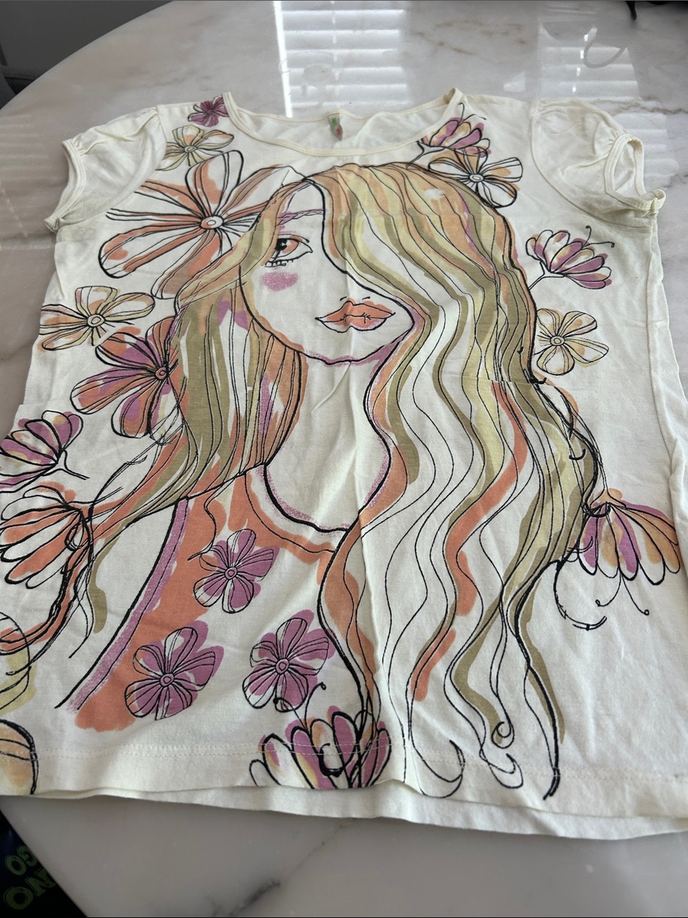 Denim&Co Cream Short Sleeve Tee with Floral Girl Graphic